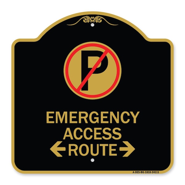Emergency Access Route W/ Bidirectional Arrow, Black & Gold Aluminum Sign, 18" x 18", BG-1818-24111